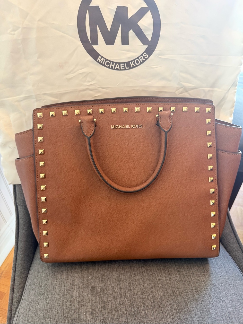 Michael Kors Tan Studded Leather Shoulder Tote